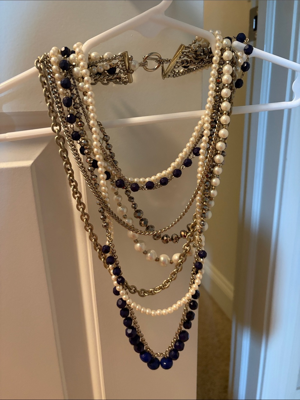 Ann Taylor Layered Pearl and Navy Bead Multi-Strand Necklace